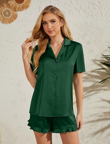Image of Silk Pajamas for Women Satin Womens Pajama Sets Short Sleeve Set 2-Piece Sleepwear
