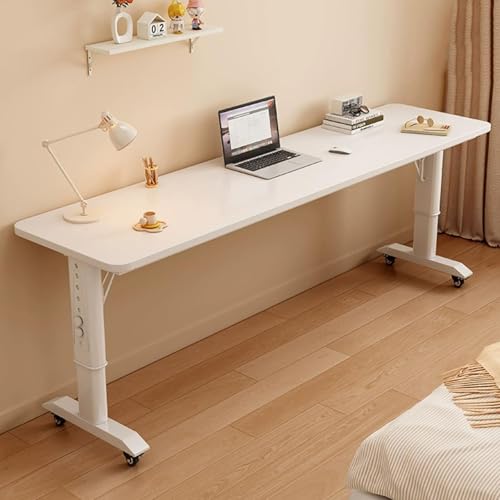 Adjustable Overbed Table with Wheels Mobile Bed Desk for Home Use White Solid Wood 120 * 60cm