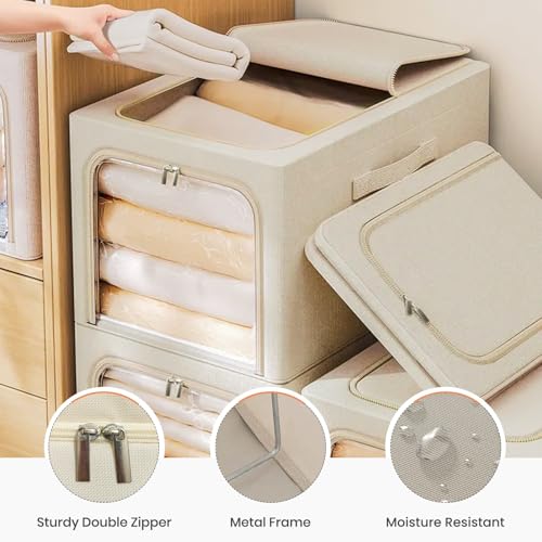 Image of Yellow Weaves 3 Pcs Clothes Organizer for Wardrobe, Foldable, Stackable, Space Saver Closet Basket, Cupboard Almirah Organizer, Storage Box for Clothes (Ivory, Regular)