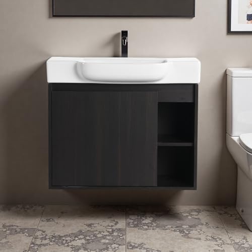 Image of 28 inch Bathroom Vanity with Ceramic Sink, Modern Wall-Mounted Bathroom Vanity with Soft-Close Door & 2 Open Storage Shelves, Farmhouse, Undermount Storage Cabinet, Easy to Clean, Dark Oak
