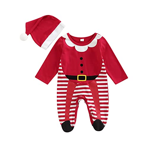 Newborn Baby Girl Boy Christmas Outfits Long Sleeve Footie Romper Onesie Striped Santa Claus Jumpsuit with Hat (Santa Claus-Footed Red,0-3 Months)
