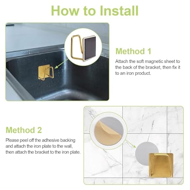 4Pcs Magnetic Sponge Holder, Quick Drying Sink Caddy Adhesive Hanging Sponge Holder Stainless Steel Sponge Holder Organizer for Kitchen Sink (Gold)