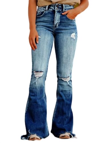 Flamingals Flare Bell Bottom Jeans for Women Raw Hem High Waist