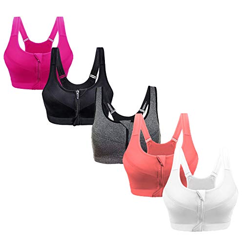 5PC Women's Zip Front Sports Bra Wireless Post-Surgery Bra,high Support Active Yoga Sports Bras