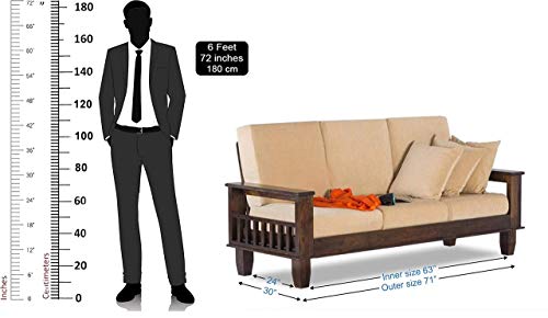 Image of Solid Sheesham Wood 3 Seater Sofa for Living Room with Cushions | X Design Wooden Loveseat Couch for Home, Office & Lounge | Walnut Finish