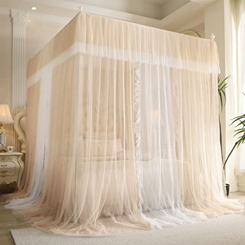 Obokidly Princess 4 Corners Post Mosquito Net - Romantic Ruffle Double-Layer Cozy Drape Netting 3 Opening Bed Canopy Curtainfor Girls Bed Boys Adults Bedroom Decoration (Champagne, King) #TOP24
