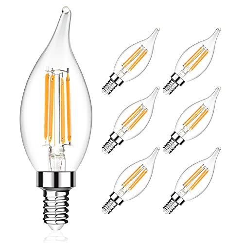 Ascher E12 Candelabra LED Light Bulb 95+ CRI, 40 Watt Equivalent, 450 Lumens, Warm White 2700K, Flame Tip Decorative LED Filament Candle Bulb, E12 Base, Non-Dimmable, Pack of 6