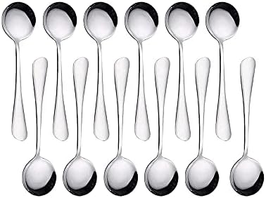 Round Desert Spoons Set of 12 Stainless Steel 6.3inx1.7in Metal Dessert Spoons Mirror Polish Classical Cutlery Ice Cream Spoons QQ CAT Cake Spoons Ideal for Parties Buffet Kitchen Restaurant(R#3)