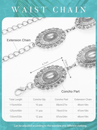 Image of FIORETTO Western Waist Chain Belt Metal Concho Belt for Women Cowgirl Cowboy Boho Country Belt for Dress Jean