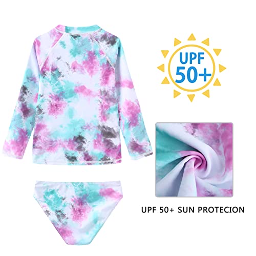 Image of Aisyee Girls Long Sleeve Rash Guard Set Two Piece Swimsuits Tie Dye Bathing Suits for Kids UPF 50+ Swim Shirts