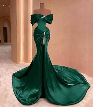 Off The Shoulder Satin Prom Dresses Mermaid Beaded Long Formal Evening Gowns  for Women with Slit CR389, Gold, 12 : Amazon.sg: Fashion