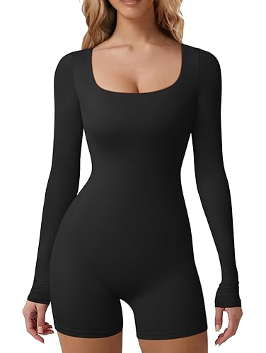 HYZ Womens Casual Long Sleeve Fitted Workout One Piece Short Jumpsuit Black | High Waist Going Out,Party Club Yoga, Vacation Beach Home,Comfy Skin,Daily Work,Jogging,Tennies