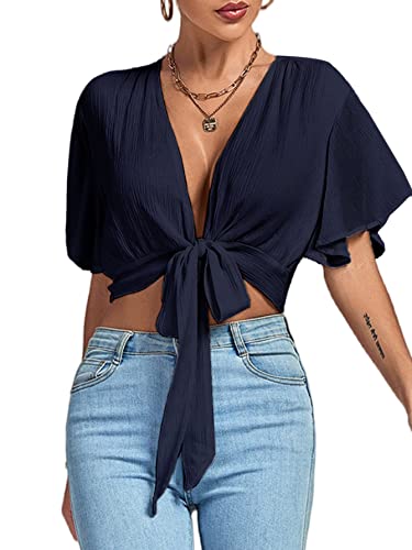 Image of LYANER Women's Sexy Deep V Neck Tie Front Wrap Cropped Blouse Bell Short Sleeve Ruffle Crop Tops