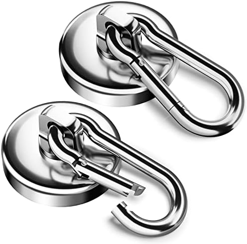 2 Pack Magnetic Hooks, 45.5 KG(100 LBS) Super Strong Neodymium Magnets with Swivel Carabiner Snap Hooks, Strong Magnet Hooks Heavy Duty, Magnets with Hooks for Indoor/Outdoor Hanging Camping Kitchen