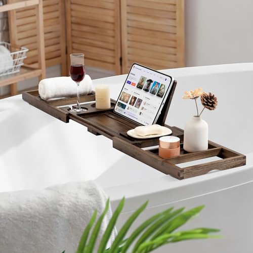 Fun Memories Teak Bathtub Tray for Tub – Adjustable Bath Caddy with Wine Glass Holder, Phone Dock & Book Stand – Solid Bath Tub Tray Wood – Dark Walnut Finish - Thumbnail 2