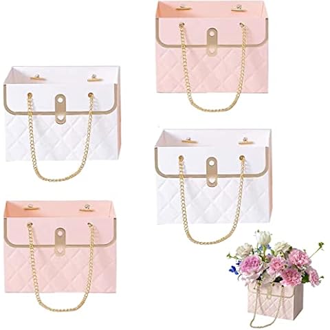 NADUSEP 4 PCS Flower Paper Gift Box, Bouquet Storage Bucket Florist Handbag with Metal Chain, Gift Craft Wrap Bag for Wedding Party Valentine's Day Birthday Mother's Day Bridal Shower Gift Wrap Bags (White Pink) Cover