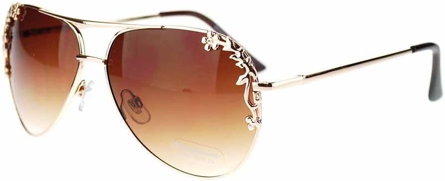 Womens Metal Flower Foliage Trim Tear Drop Designer Fashion Aviator Sunglasses-Gold