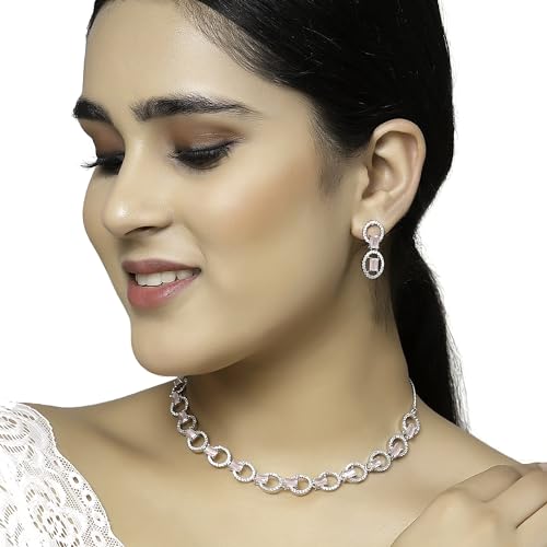 Image of ZENEME Rhodium-Plated American Diamond Studded Disc-Shaped Necklace With Earrings Jewellery Set For Girls and Women
