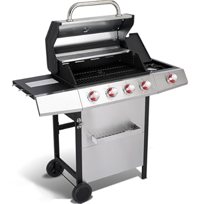 4 Burner Propane Gas Grill Combo w/Side Burner, 3-in-1 BBQ Grill with Charcoal Smoker & Griddle Plate, 46,650 BTU, 448 Sq.In. Stainless Steel Outdoor Cooking Station
