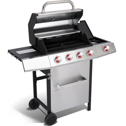 4 Burner Propane Gas Grill Combo w/Side Burner, 3-in-1 BBQ Grill with Charcoal Smoker & Griddle Plate, 46,650 BTU, 448 Sq.In. Stainless Steel Outdoor Cooking Station