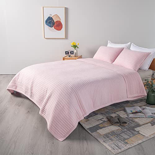 Kasentex Quilt Mini Set-Stone Washed-Super Soft Bedspread-Light Weight-White Down Alternative Microfiber Fill-Machine Washable-Solid Colors, Full/Queen +2 Shams, Pink #TOP5