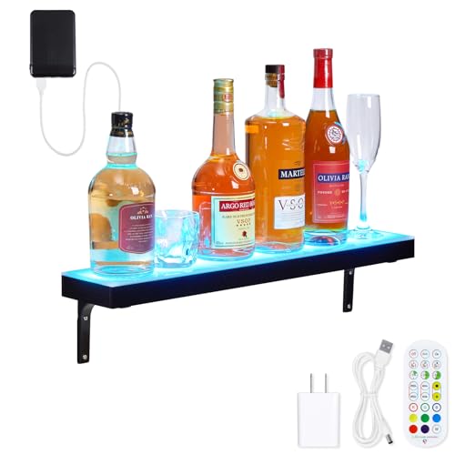 LED Lighted Liquor Bottle Display Shelf, 1 Tiers 24 Inch Acrylic Wall Mounted Whiskey Rack Stand with Remote & App Control, and Multi-color Lighting, Bar Bottle Display Shelf for Liquor Shelves