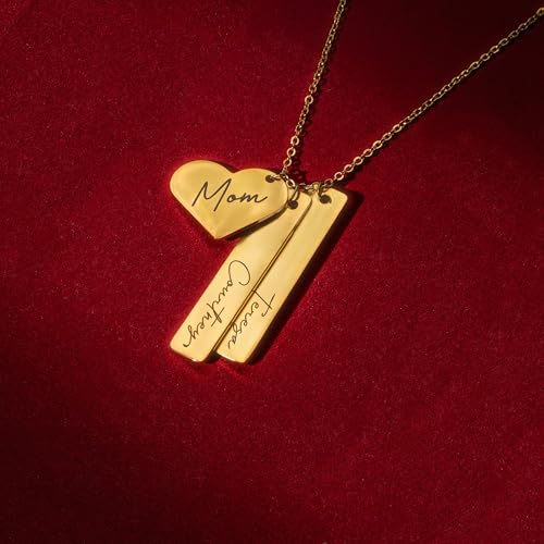 MignonandMignon Custom Name Necklace Personalized Engraved Gold Bar Necklace, Kids’ Names, Heart Charm, Gift for Mom, Unique Birthday Jewelry for Women - H8N4