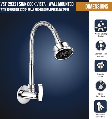 Image of KAMAL Sink Spray Tab Vista - Wall Mounted | SS 304 Spout 360 Degree Dual Flow Shower Mode | Passion Flex Sink Cock Flexible Sink Cock Pillar Cock Shower Type Bib Tap Faucet (Wall Mount Installation)