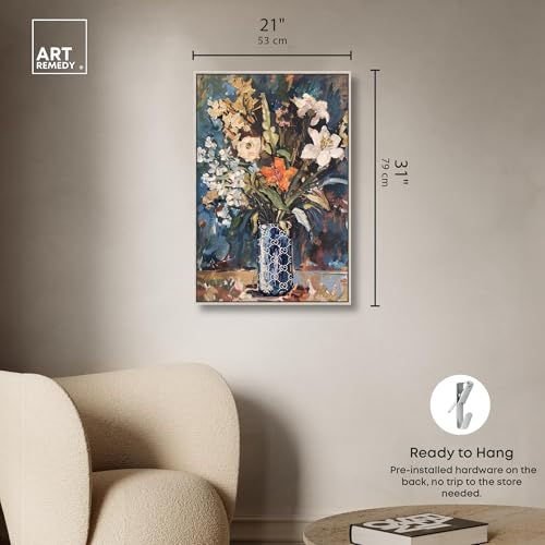 Image of Art Remedy Blue Floral Vase Canvas Floral Vase Wall Art, Silver Frame, 20 inch x 30 inch