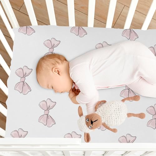 Image of Cute Beautiful Pink Bow Fitted Crib Sheets Stretchy Portable Playard Sheets for Baby Toddler, Breathable Soft Mini Crib Mattress 52 x 28 in for Boys and Girls