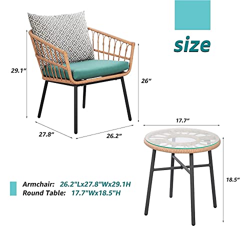 Swish Weavers 3 Piece Patio Bistro Set Outdoor Furniture All-Weather Wicker Conversation Set With Tempered Coffee Table And Wicker Chairs For Garden Balcony Backyard Yard Poolside (Green) #TOP5