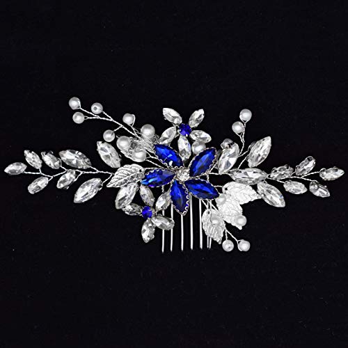 Wedding Hair Accessories, Fanvoes Hair Pieces Comb for Brides Bridal Silver Vintage Headpiece Comb Hair Clip Barrette Decorations Handmade Blue Sapphire Rhinestone Crystal for Women Girls Bridesmaid