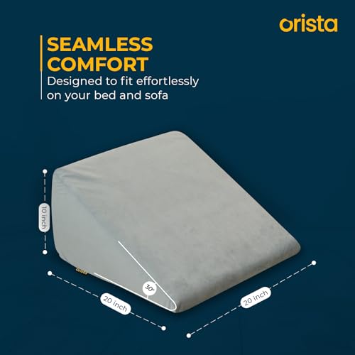 Image of Orista Wedge Pillow Made with Advance Gel Blended Memory Foam Complete Back Support, Acid Reflux, Anti Snoring, Leg Elevation, Improves Comfort and Posture | 20 x 20 x 10 Inch | Grey Velvet Cover