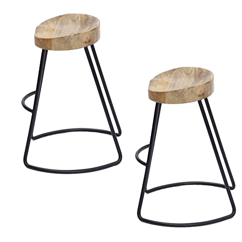 Butaco Industrial Ela de 30 pulgadas de Madera de Mango y Hierro Negro, Asiento Silla de Cuero Natural Marrón, Juego de 2, para Cocina, Comedor y Decoración del Hogar miniatura 4