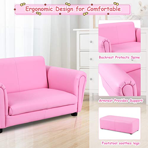 image for Costzon Kids Couch with Footstool, 2 in 1 Double Seat Children's Sofa 