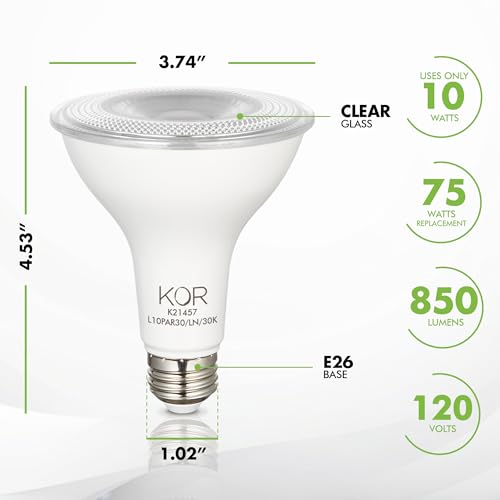 KOR LED PAR30 Long Neck Flood Light Bulbs, 4 Pack, Dimmable 75W Equivalent, 3000K Warm White, Indoor Outdoor 10W Spotlight Bulb, E26 Base, 850 Lumens, Frosted Finish, Wet Rated, UL Listed by KOR - Image 2
