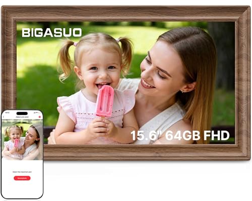 64GB 15.6 Frameo Digital Photo Frame WiFi Dark Wood - 1920 * 1080P FHD IPS Touch Screen Large Electronic Picture Frames Auto Rotate Wall Mountable Sharing Photos and Videos