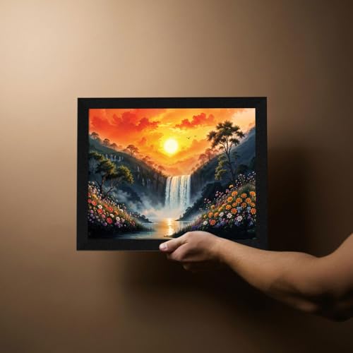 Image of ArtX Paper Rising Sun Painting For Vastu, Small Size Wall Art Scenery, Water Stream, Waterfall Painting Vastu, Rising Sun Wall Decor, Multicolor, Nature, 13.0 X 10.0 Inch, Set of 1
