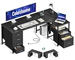 Coleshome Computer Corner Desk with Drawers, 140×70 cm L Shaped Office Desk with Power Outlet, Reversible Study PC Table with Storage for Bedroom, Black