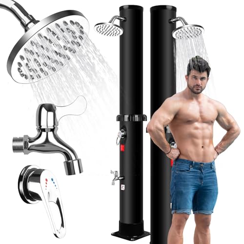 Ducha Solar Exterior 35 litros Ducha de Jardín Piscina Camping con Cabezal de Ducha de Lluvia Giratorio y Ducha de pies - Temperatura de hasta 60°C, Sin Necesidad de Electricidad - Negro (40L)