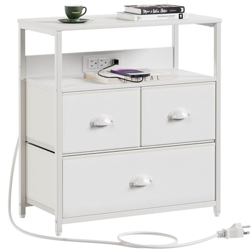 Furnulem White Nightstand with Charging Station, Industrial Bedside Tables with 3 Fabric Drawers and Wooden Shelf for Bedroom, Bedroom Furniture