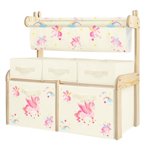 Estantería Infantil con Cesta Colgada y 5 Cubos de Almacenamiento, Organizador Habitación Infantil, Mueble Guardar Juguetes y Libros para Niños, 3 Niveles para Dormitorio, Sala de Juegos, Aula