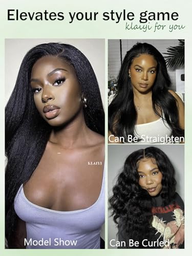 Image of KLAIYI 4C Kinky Yaki Straight Lace Front Wigs Human Hair HD Transparent Lace Closure Wigs for Black Women 12A Brazilian Virgin Hair Pre Plucked with Baby Hair 180% Density Full Natural Hairline 24Inch