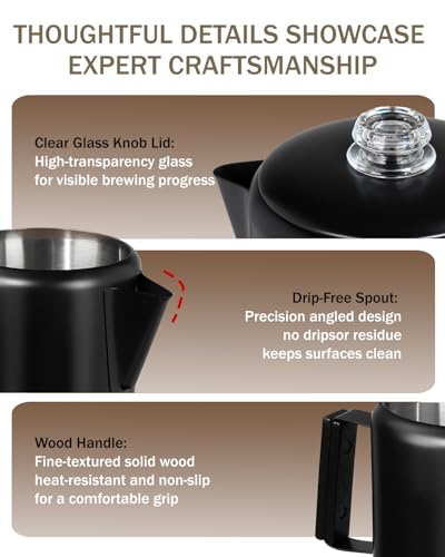 Image of Coffee Maker Coffee Percolator 304 Stainless Steel Pot Stovetop Easy Brewing Even Heating 6 Cup 33.8oz 1000ml Black Classic Design Heat Resistant Home Camping Outdoor