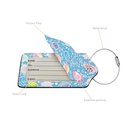 2 Pcs Luggage Tags for Suitcase, Cute Unique PU Leather Travel Bag Tag with Privacy Cover ID Label Address Card and Durable Metal Ring Suitable for Men Women Children Backpack,Colorful Sea Turtles - Image 3