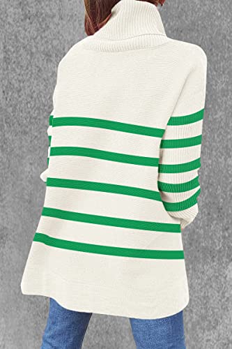 Image of Women's Turtleneck Oversized Sweaters Long Sleeve Split Hem Striped Knit Pullover Tops