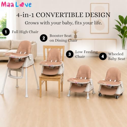 Image of Maa Love 4-in-1 Baby High Chair for 0-5 Years, Adjustable Height Feeding Chair with Detachable Tray, One-Hand Fold, Multifunctional High Chair (Brown)