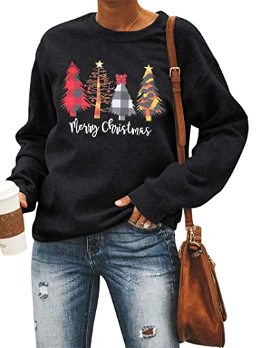 ASTANFY Merry Christmas Sweatshirt for Women Drop Shoulder Long Sleeve Christmas Tree Pullover Lightweight Shirt