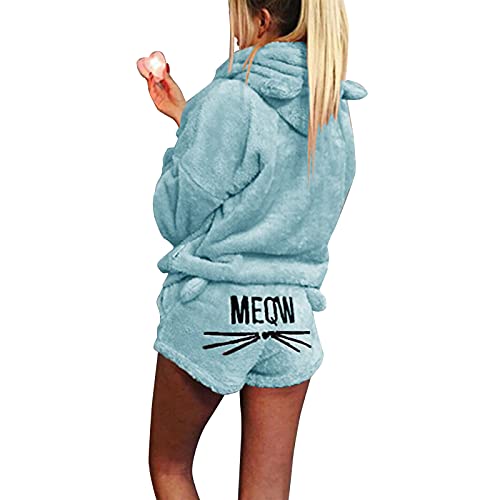 Winmany Pijama Bordado de Gato para Mujer, 2 Piezas, para Invierno, Linda Ropa de Dormir con Capucha y Orejas de Gato, Bata de baño de Manga Larga, Pantalones Cortos de Forro Polar, Azul, L
