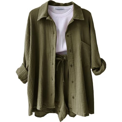 Party Outfit Elegant Kleidung Damen Komplett Outfit Damen Set Musselin 2 Teiler Zweiteiler Damens Two Piece Set Women Musselin Bluse Oversize Shirt (3-army Green, M)